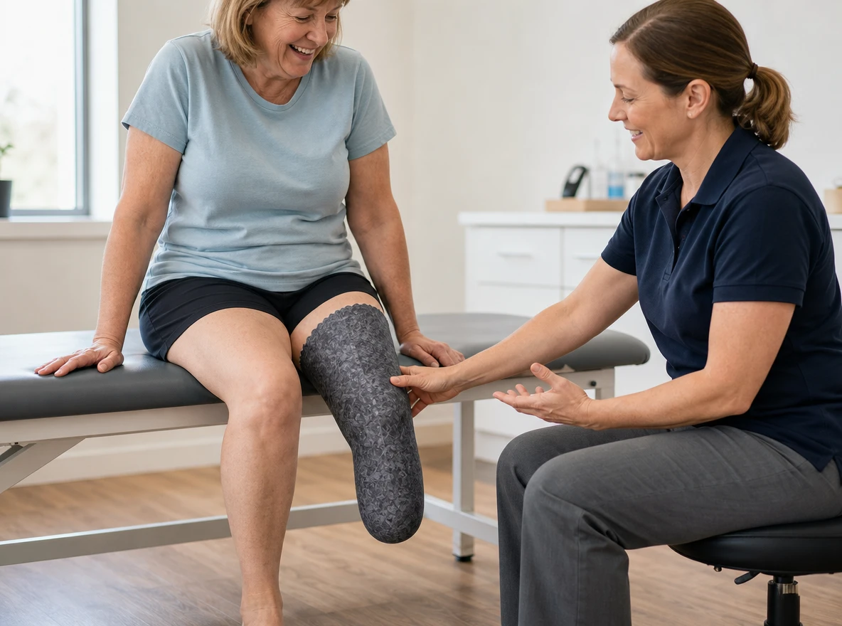 Eine Patientin lacht auf der Behandlungsliege, während ihre Orthopädietechnikerin neben ihr sitzt und ihr den Sitz des Liners erklärt.