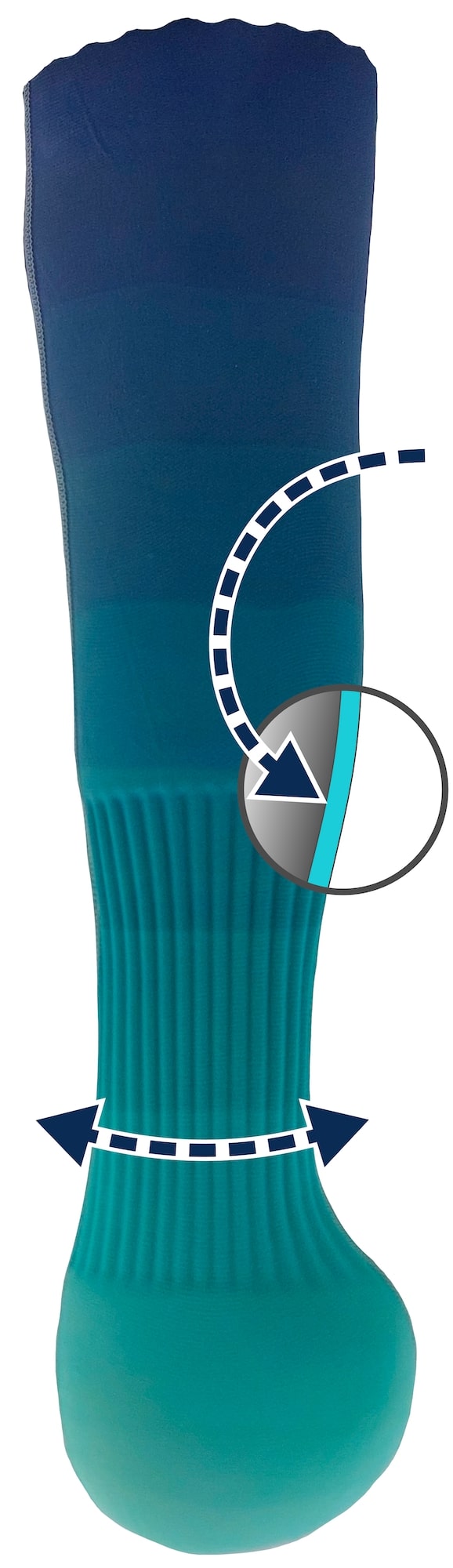 Ein Vertical Waves Liner: Die Nahaufnahme zeigt die Wellen nur auf der Außenseite, ein Pfeil über den gewellten Abschnitt zeigt die Dehnung